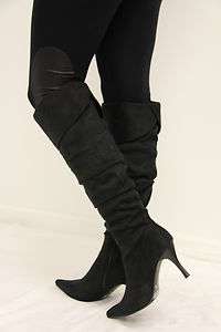   Womens Faux Suede Dress Knee High Boots Heel Black Fold Over  