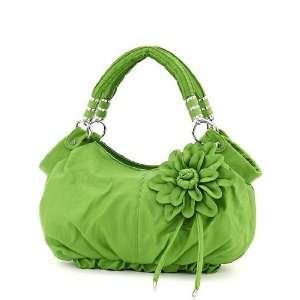  Lime Green Hobo Handbag w/ Floral Accent & Silver Tone 