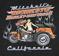 HARLEY DAVIDSON Mens T Shirt PINUP GIRL & TRIKE   MODESTO CALIFORNIA 