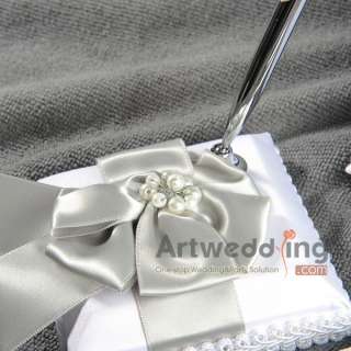 White Pearl Floral Ribbon Sash Set Graceful Wedding Guest Book Pen 