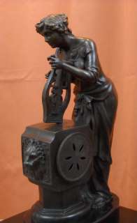Bronze Mantle Mantel Winding Clock HARP Lady Lyre Player Marble Statue 