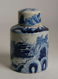 Antique Chinese Blue White Porcelain Tea Caddy/Signed 19th Century 