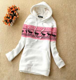 White Women Ladies Cute Deer Long Hoodie Coat Sweatshirt 1028  