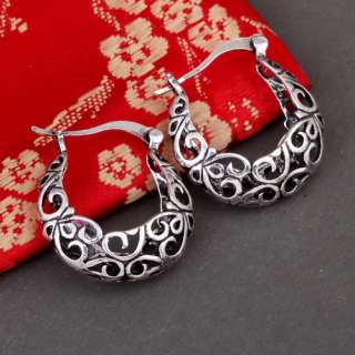 Tibet silver black bead twisted moon hoop loop earrings  