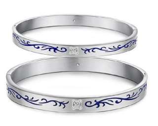   Quality 316L Stainless Steel Leaf Engraved w/GEM Silver Couple Bangle