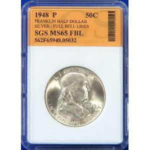  1948 P Silver Franklin Half Dollar   Graded MS65 FBL by 
