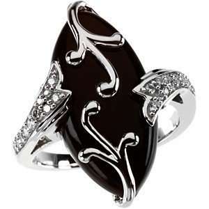 Unique Marquise Shape Onyx Ring   Gorgeous Sterling Silver and Diamond 