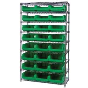 Wire Storage Bin Unit 18 x 42 x 74, 9 Shelves, 24 QMS531 GREEN Bins 20 