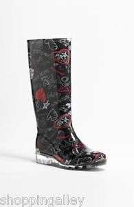   Pixy Poppy Heart Rubber Rubber Rain Boots RainBoots Shoes Black Blk