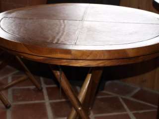 Leather and Teak Folding Round Cafe Table  