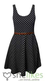   Ladies Polka Dots Black White Belted Pleated Party Dresses  