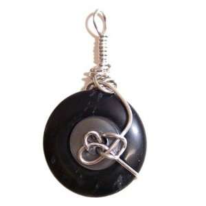  Onyx Pendant 04 Black Gray Button Silver Wire Crystal Healing Stone 