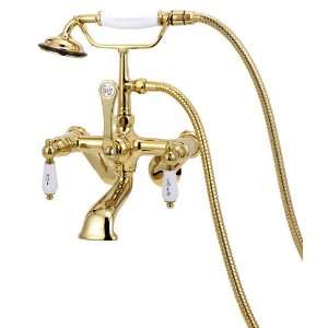  with Hand Shower, Hot and Cold Porcelain Lever Handles, Polished Brass