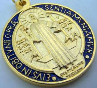 Saint St. Benedict Round Medal Gold Gilded Red & Blue  