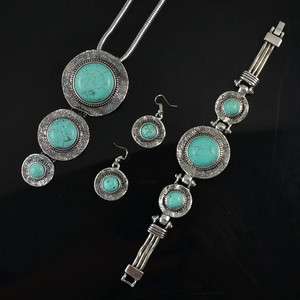 Vintage Look Tibet Silver Elegant Exotic Turquoise Necklace Bracelet 