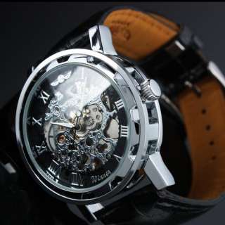   Black Mechanical Wind Up Silver Mens Style Leather Wrist Watch  