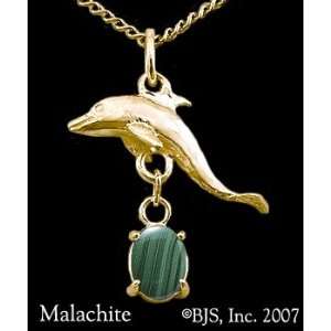  Dolphin Gemstone Necklace, 14k Yellow Gold, Malachite set 