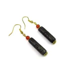   Earrings with Carved Geometric Design and Quartzite Bead Accents