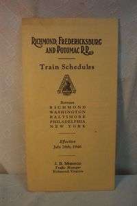 OLD TRAIN SCHEDULE RICHMOND FREDERICKSBURG POTOMAC RR  