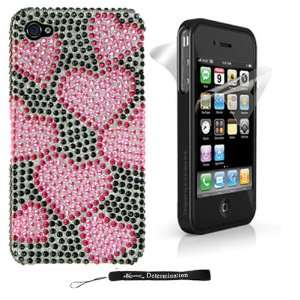 BLACK W/ HOT PINK HEART  REAR CASE for Apple iPhone 4 / 4th Generation 