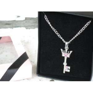  Shimering Pink Jeweled Crown Topped Key Necklace in Gift 