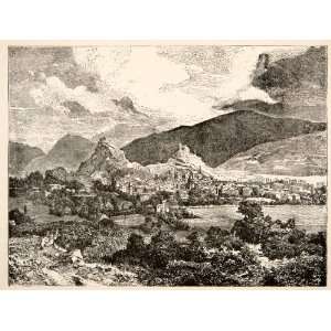  1881 Wood Engraving Sion Valais Switzerland Cityscape 