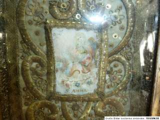 Antike Klosterarbeit Goldstickerei Waschgoldrahmen Seide  