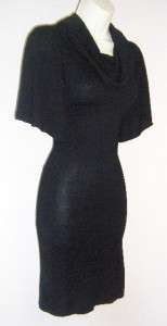 STUDIO M Black Draped Cowl Neck Short Sleeve Rayon Blend Sweater Dress 