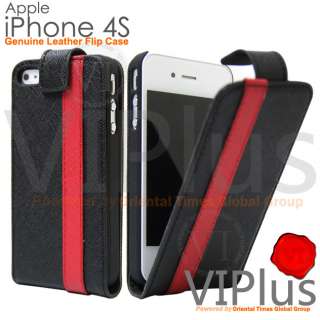   Leather Flip Case Slim Cover Holster Apple iPhone 4 4S Black Red Strip