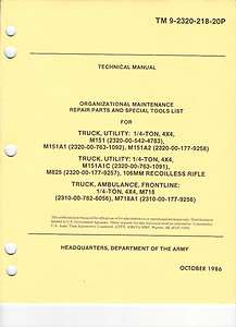 Truck, Utility, 1/4 Ton, M151 series, Repair Parts for Organizational 