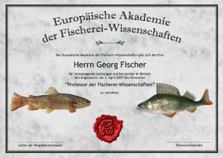 URKUNDE Professor der Fischerei Wissenschaft Angeln  