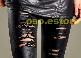   Stretchy Faux Leather Punk Ripped Smart Shiny Leggings Pants #LEG5095
