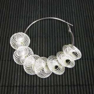 Pair New Fashion Lady 60mm Hoop Earring Metal Net 21mm Beads Silver 