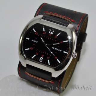   Quarzuhr Armband Uhr Armband extra breit schwarz mit roter Naht  