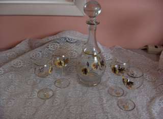   Bohemian 6 Pc Crystal Wind Decanter Art Glass Pansys Bees Romania