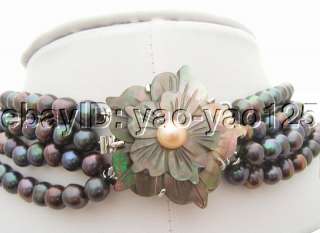 Excellent 4Strds Black Pearl&Shell Flower Necklace  