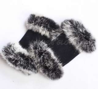   Womens Stretch knit winter warmer wool rabbit fur fingerless gloves