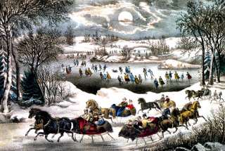   The Ice skating on the village pond, by Currier & Ives. Winter sports