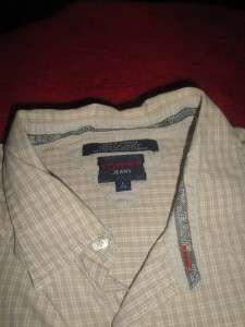 TOMMY JEANS Button Down Casual Dress Shirt Beige White Cross Stripes 