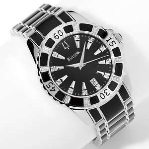   Mens Black Enamel Stainless Steel Diamond Bracelet Watch 