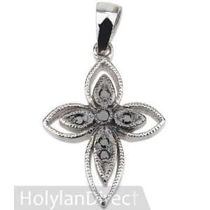   14K White Gold Floral Cross with Black Diamonds 0.06ct