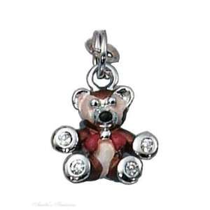   Silver 3D Enamel Little Brown Bear Cubic Zirconia Paws Charm Jewelry