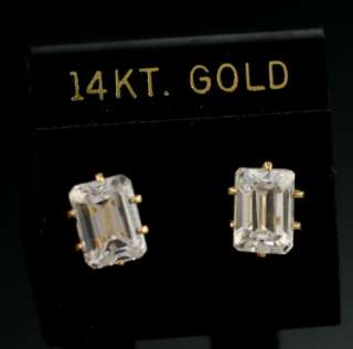 14K Gold CZ 2 Carat Pierced Stud Emerald Cut Earrings  