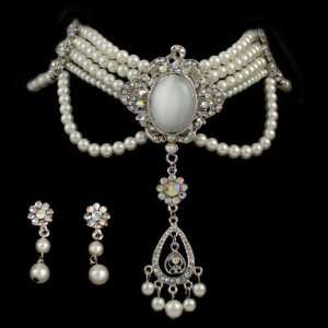  Bridal 5 strand Pearl and Rhinestone Choke Necklace 