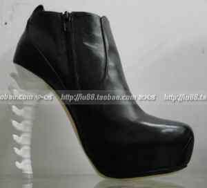 Lady Gaga Style Skeleton Heels Black Leather Ankle Boots  