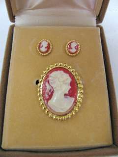 Vintage Cameo Jewelry Set of Brooch + pins Earrings Gold Color Metal 