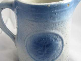 ANTIQUE BLUE & WHITE STONEWARE 8 PITCHER W/ BUTTERFLY MEDALLIONS 