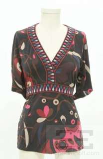 BCBG Max Azria 2pc Teal, Red & Black Print Belted Top Set Size Extra 