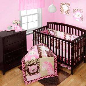   Nursery Baby Pink Brown LEOPARD JUNGLE ANIMALS 4pc Crib Bedding Set