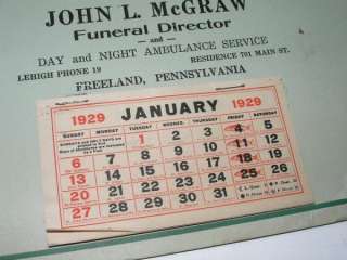 VINTAGE 1929 FREELAND PA JOHN L. McGRAW FUNERAL HOME CALENDAR  